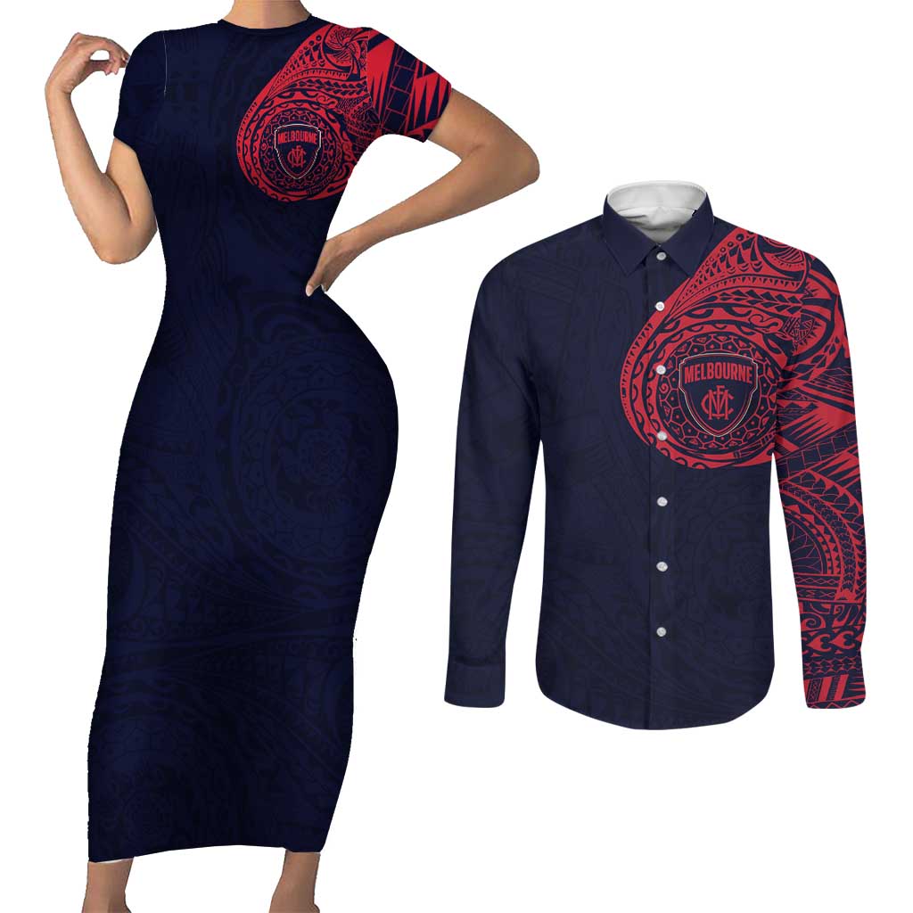 Personalized Melbourne Demons Polynesian Couples Matching Short Sleeve Bodycon Dress and Long Sleeve Button Shirt Tribal Chest and Sleeve Tattoo Heritage Warrior