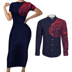 Personalized Melbourne Demons Polynesian Couples Matching Short Sleeve Bodycon Dress and Long Sleeve Button Shirt Tribal Chest and Sleeve Tattoo Heritage Warrior