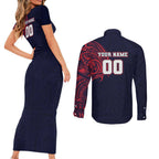 Personalized Melbourne Demons Polynesian Couples Matching Short Sleeve Bodycon Dress and Long Sleeve Button Shirt Tribal Chest and Sleeve Tattoo Heritage Warrior