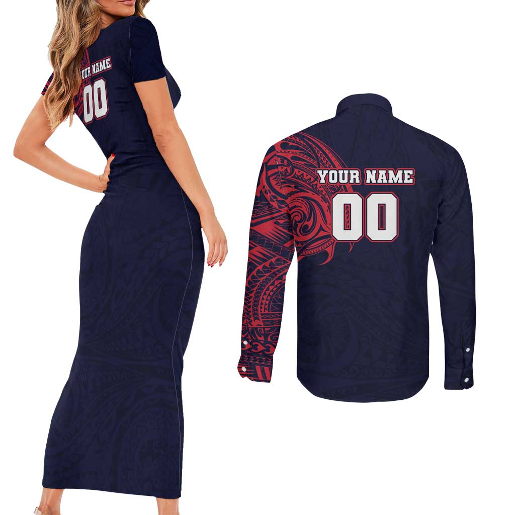 Personalized Melbourne Demons Polynesian Couples Matching Short Sleeve Bodycon Dress and Long Sleeve Button Shirt Tribal Chest and Sleeve Tattoo Heritage Warrior