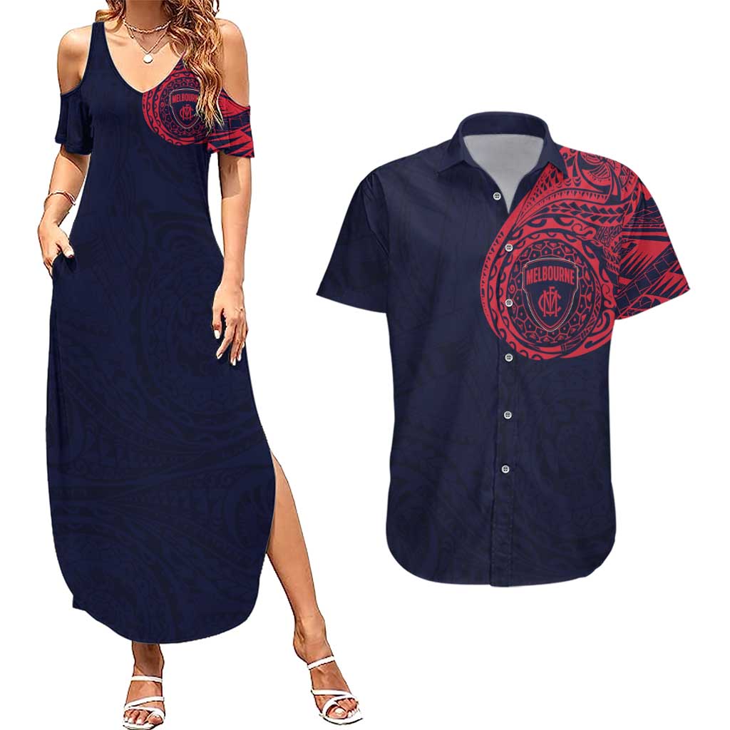 Personalized Melbourne Demons Polynesian Couples Matching Summer Maxi Dress and Hawaiian Shirt Tribal Chest and Sleeve Tattoo Heritage Warrior