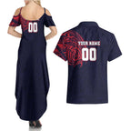 Personalized Melbourne Demons Polynesian Couples Matching Summer Maxi Dress and Hawaiian Shirt Tribal Chest and Sleeve Tattoo Heritage Warrior