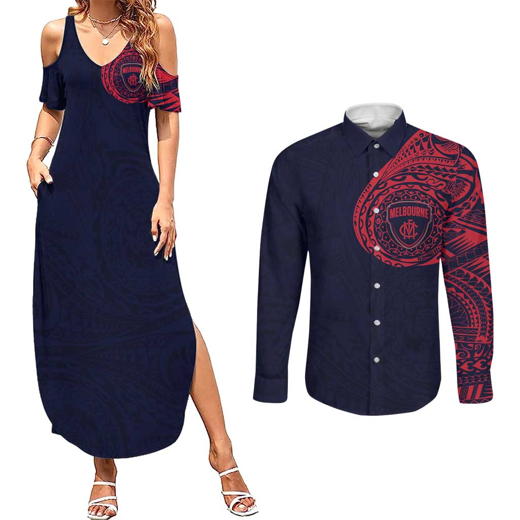 Personalized Melbourne Demons Polynesian Couples Matching Summer Maxi Dress and Long Sleeve Button Shirt Tribal Chest and Sleeve Tattoo Heritage Warrior