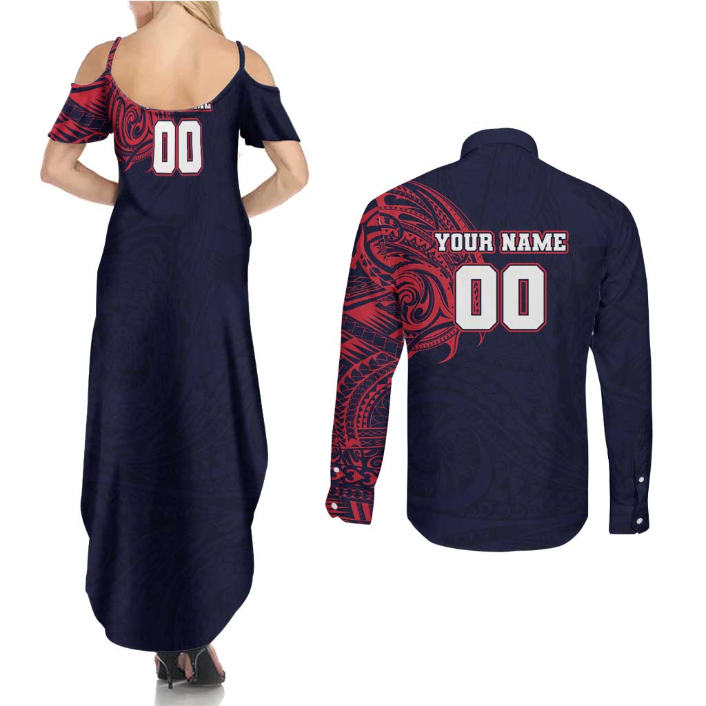 Personalized Melbourne Demons Polynesian Couples Matching Summer Maxi Dress and Long Sleeve Button Shirt Tribal Chest and Sleeve Tattoo Heritage Warrior