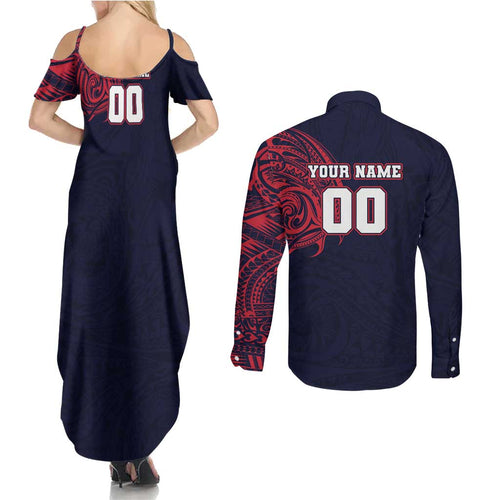 Personalized Melbourne Demons Polynesian Couples Matching Summer Maxi Dress and Long Sleeve Button Shirt Tribal Chest and Sleeve Tattoo Heritage Warrior