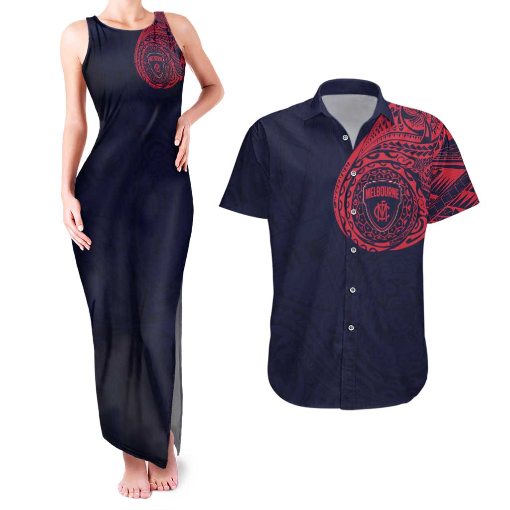 Personalized Melbourne Demons Polynesian Couples Matching Tank Maxi Dress and Hawaiian Shirt Tribal Chest and Sleeve Tattoo Heritage Warrior