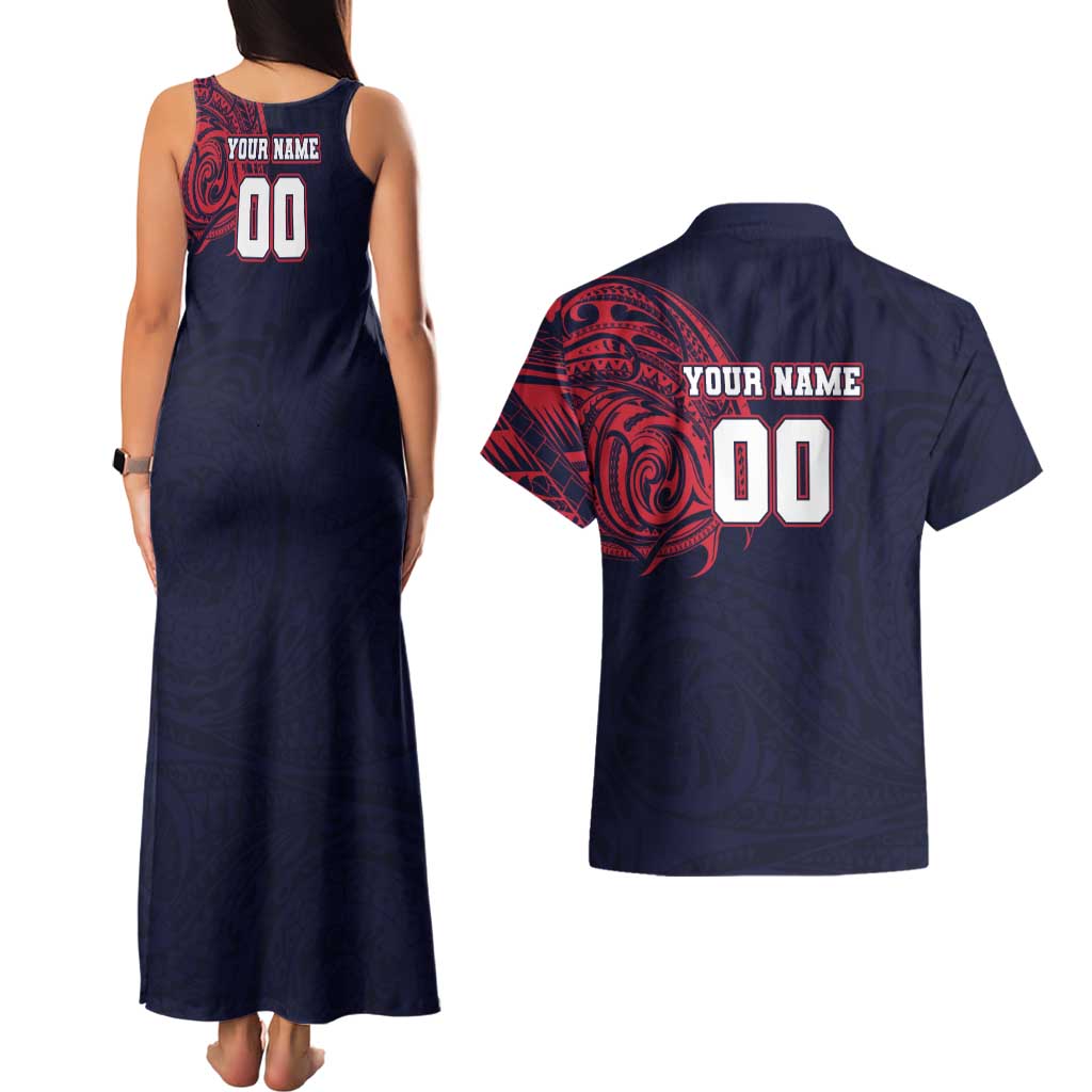 Personalized Melbourne Demons Polynesian Couples Matching Tank Maxi Dress and Hawaiian Shirt Tribal Chest and Sleeve Tattoo Heritage Warrior