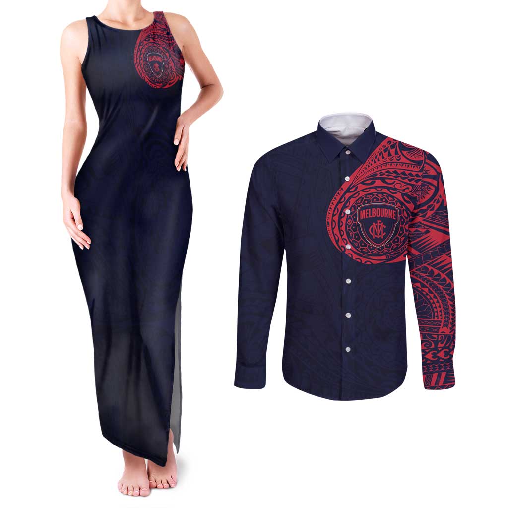Personalized Melbourne Demons Polynesian Couples Matching Tank Maxi Dress and Long Sleeve Button Shirt Tribal Chest and Sleeve Tattoo Heritage Warrior