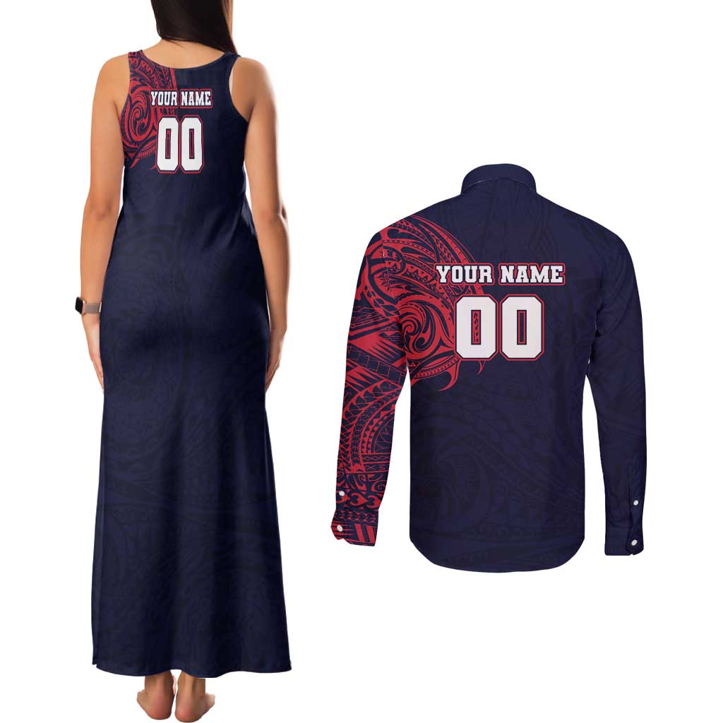 Personalized Melbourne Demons Polynesian Couples Matching Tank Maxi Dress and Long Sleeve Button Shirt Tribal Chest and Sleeve Tattoo Heritage Warrior