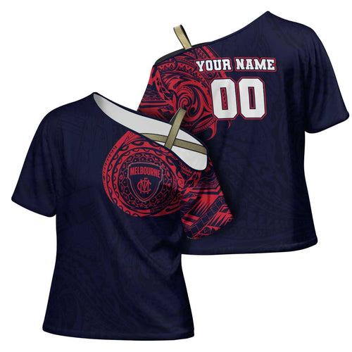 Personalized Melbourne Demons Polynesian Cross Shoulder Shirt Tribal Chest and Sleeve Tattoo Heritage Warrior