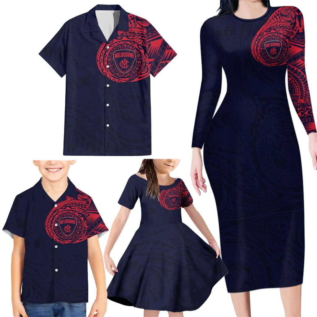 Personalized Melbourne Demons Polynesian Family Matching Long Sleeve Bodycon Dress and Hawaiian Shirt Tribal Chest and Sleeve Tattoo Heritage Warrior