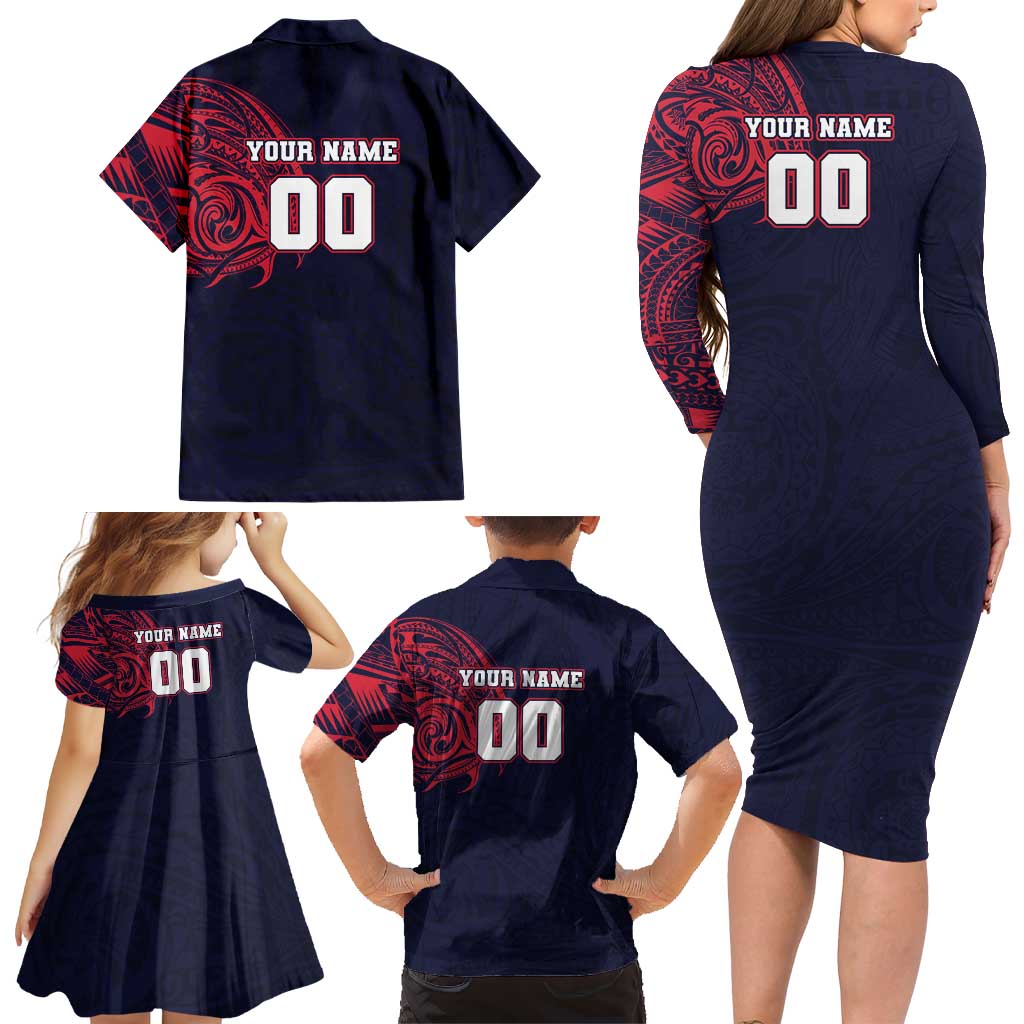 Personalized Melbourne Demons Polynesian Family Matching Long Sleeve Bodycon Dress and Hawaiian Shirt Tribal Chest and Sleeve Tattoo Heritage Warrior