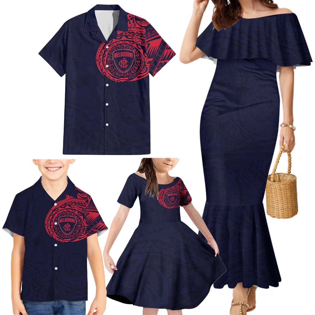 Personalized Melbourne Demons Polynesian Family Matching Mermaid Dress and Hawaiian Shirt Tribal Chest and Sleeve Tattoo Heritage Warrior