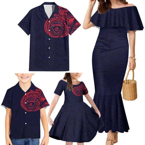 Personalized Melbourne Demons Polynesian Family Matching Mermaid Dress and Hawaiian Shirt Tribal Chest and Sleeve Tattoo Heritage Warrior