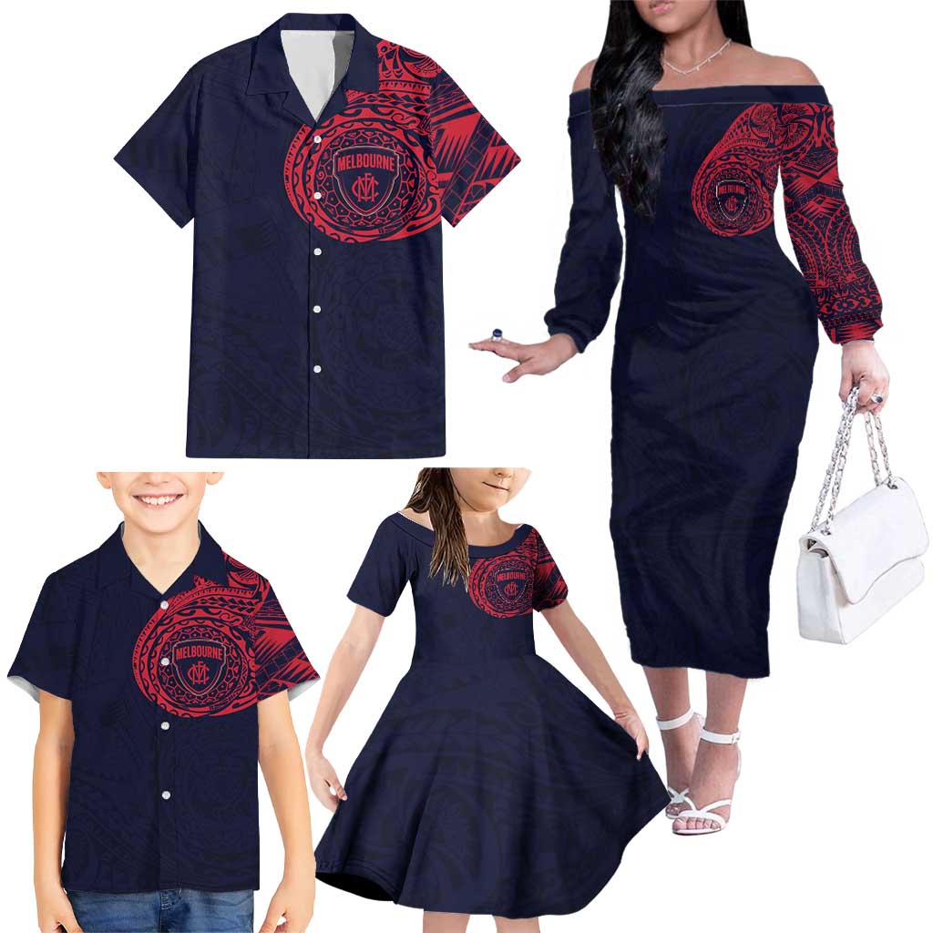 Personalized Melbourne Demons Polynesian Family Matching Off The Shoulder Long Sleeve Dress and Hawaiian Shirt Tribal Chest and Sleeve Tattoo Heritage Warrior