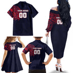 Personalized Melbourne Demons Polynesian Family Matching Off The Shoulder Long Sleeve Dress and Hawaiian Shirt Tribal Chest and Sleeve Tattoo Heritage Warrior