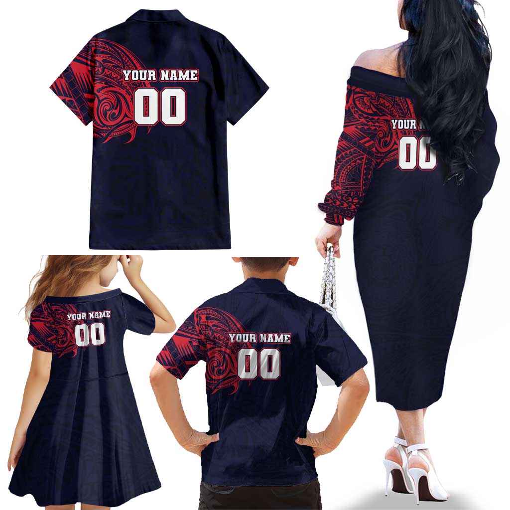 Personalized Melbourne Demons Polynesian Family Matching Off The Shoulder Long Sleeve Dress and Hawaiian Shirt Tribal Chest and Sleeve Tattoo Heritage Warrior