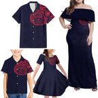 Personalized Melbourne Demons Polynesian Family Matching Off Shoulder Maxi Dress and Hawaiian Shirt Tribal Chest and Sleeve Tattoo Heritage Warrior