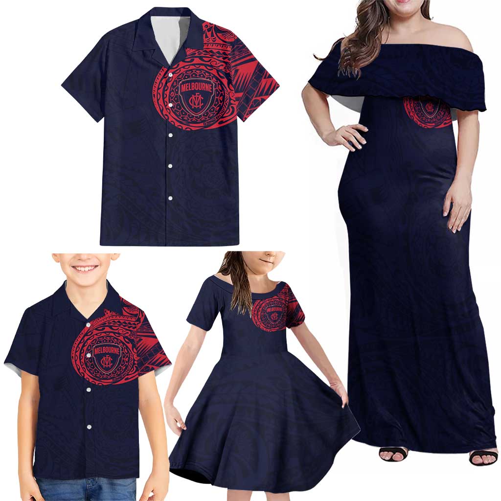 Personalized Melbourne Demons Polynesian Family Matching Off Shoulder Maxi Dress and Hawaiian Shirt Tribal Chest and Sleeve Tattoo Heritage Warrior