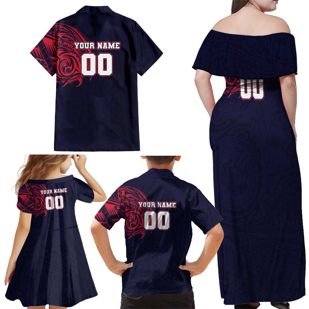 Personalized Melbourne Demons Polynesian Family Matching Off Shoulder Maxi Dress and Hawaiian Shirt Tribal Chest and Sleeve Tattoo Heritage Warrior