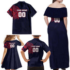 Personalized Melbourne Demons Polynesian Family Matching Off Shoulder Maxi Dress and Hawaiian Shirt Tribal Chest and Sleeve Tattoo Heritage Warrior