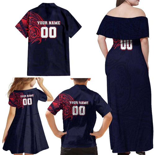 Personalized Melbourne Demons Polynesian Family Matching Off Shoulder Maxi Dress and Hawaiian Shirt Tribal Chest and Sleeve Tattoo Heritage Warrior