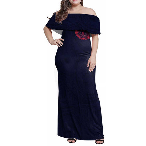 Personalized Melbourne Demons Polynesian Family Matching Off Shoulder Maxi Dress and Hawaiian Shirt Tribal Chest and Sleeve Tattoo Heritage Warrior