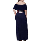 Personalized Melbourne Demons Polynesian Family Matching Off Shoulder Maxi Dress and Hawaiian Shirt Tribal Chest and Sleeve Tattoo Heritage Warrior