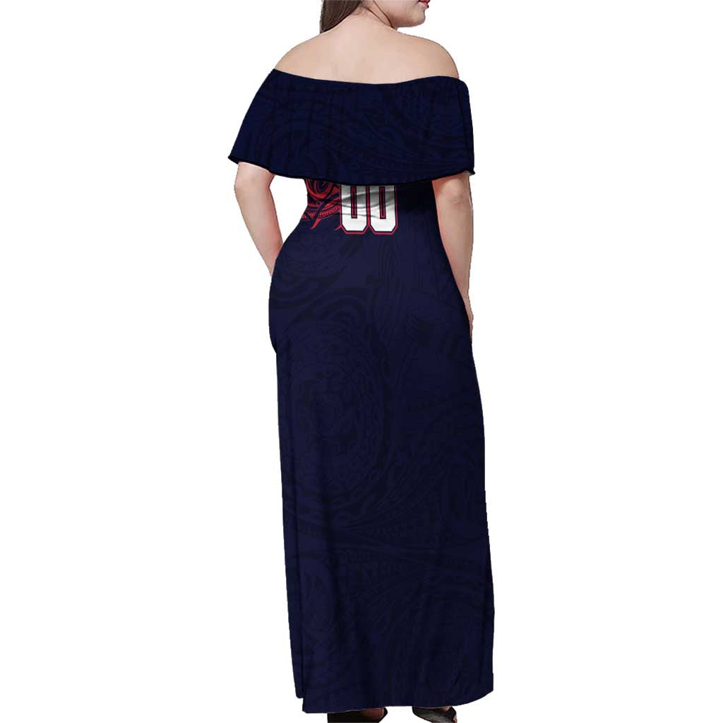 Personalized Melbourne Demons Polynesian Family Matching Off Shoulder Maxi Dress and Hawaiian Shirt Tribal Chest and Sleeve Tattoo Heritage Warrior