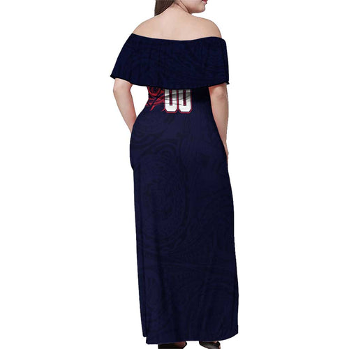 Personalized Melbourne Demons Polynesian Family Matching Off Shoulder Maxi Dress and Hawaiian Shirt Tribal Chest and Sleeve Tattoo Heritage Warrior