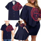 Personalized Melbourne Demons Polynesian Family Matching Off Shoulder Short Dress and Hawaiian Shirt Tribal Chest and Sleeve Tattoo Heritage Warrior
