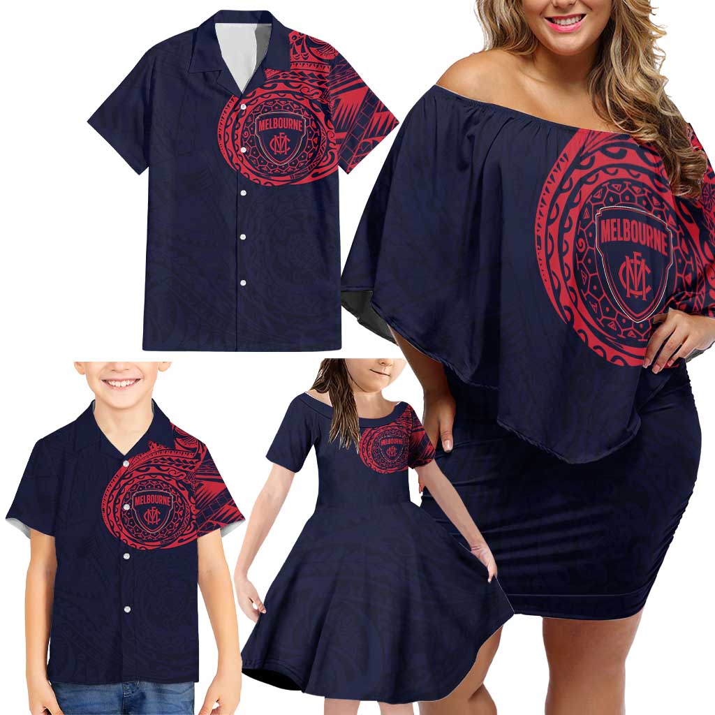 Personalized Melbourne Demons Polynesian Family Matching Off Shoulder Short Dress and Hawaiian Shirt Tribal Chest and Sleeve Tattoo Heritage Warrior