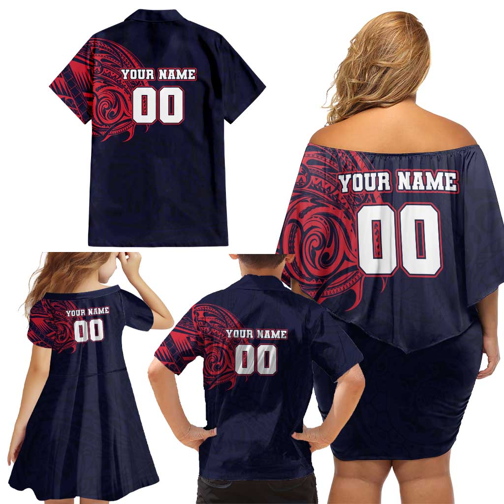 Personalized Melbourne Demons Polynesian Family Matching Off Shoulder Short Dress and Hawaiian Shirt Tribal Chest and Sleeve Tattoo Heritage Warrior