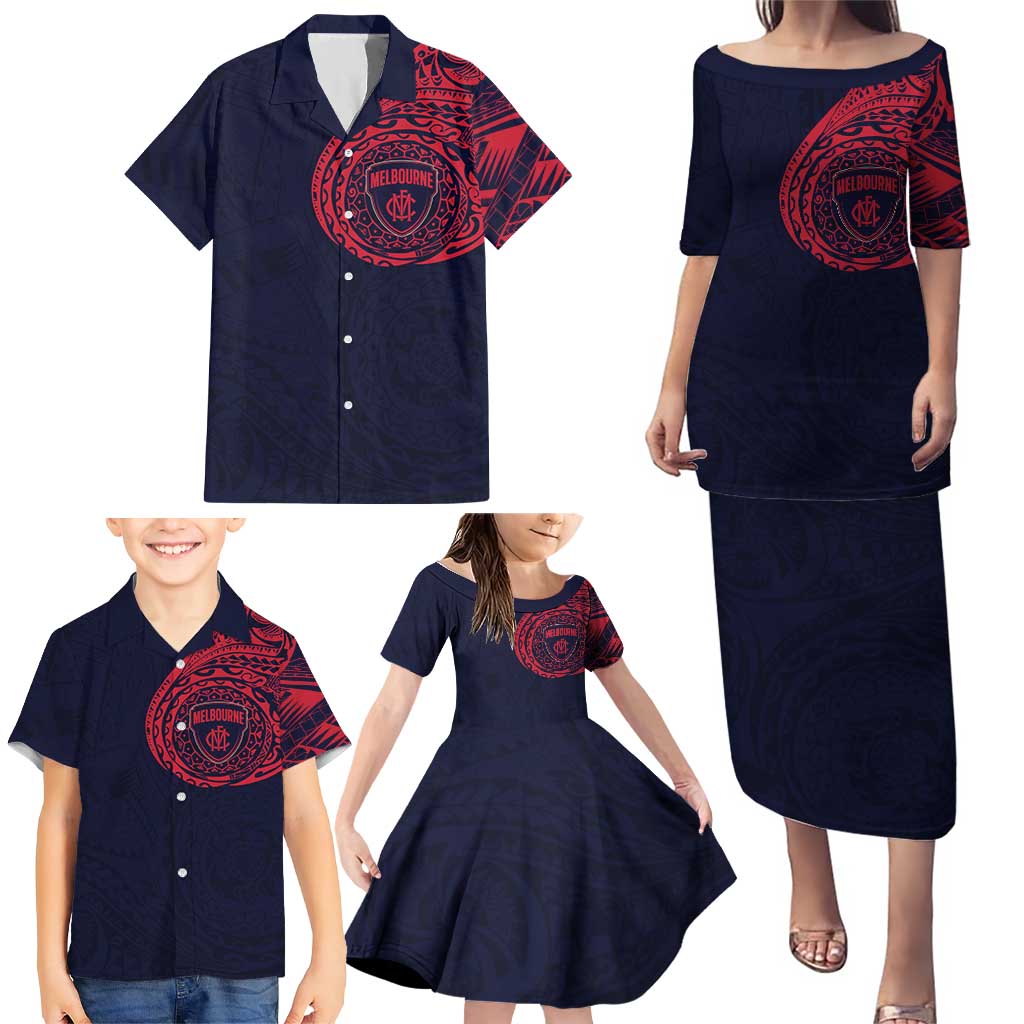 Personalized Melbourne Demons Polynesian Family Matching Puletasi and Hawaiian Shirt Tribal Chest and Sleeve Tattoo Heritage Warrior