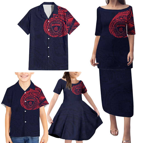 Personalized Melbourne Demons Polynesian Family Matching Puletasi and Hawaiian Shirt Tribal Chest and Sleeve Tattoo Heritage Warrior