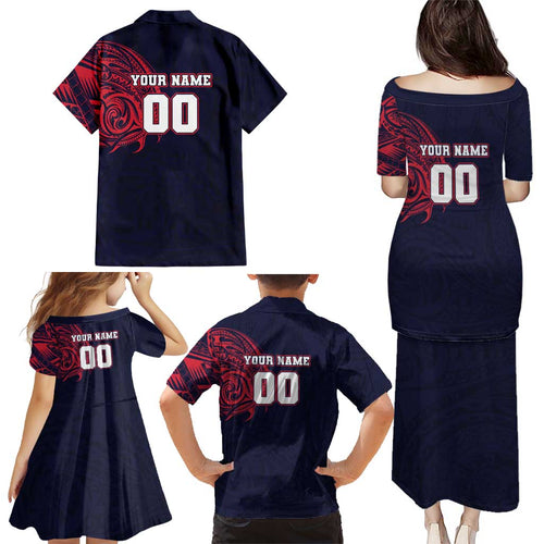 Personalized Melbourne Demons Polynesian Family Matching Puletasi and Hawaiian Shirt Tribal Chest and Sleeve Tattoo Heritage Warrior