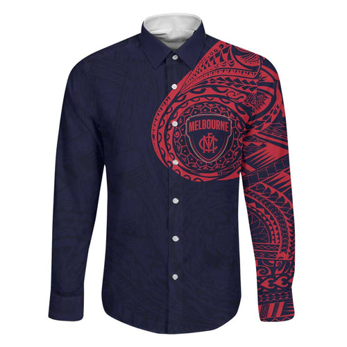 Personalized Melbourne Demons Polynesian Family Matching Puletasi and Hawaiian Shirt Tribal Chest and Sleeve Tattoo Heritage Warrior