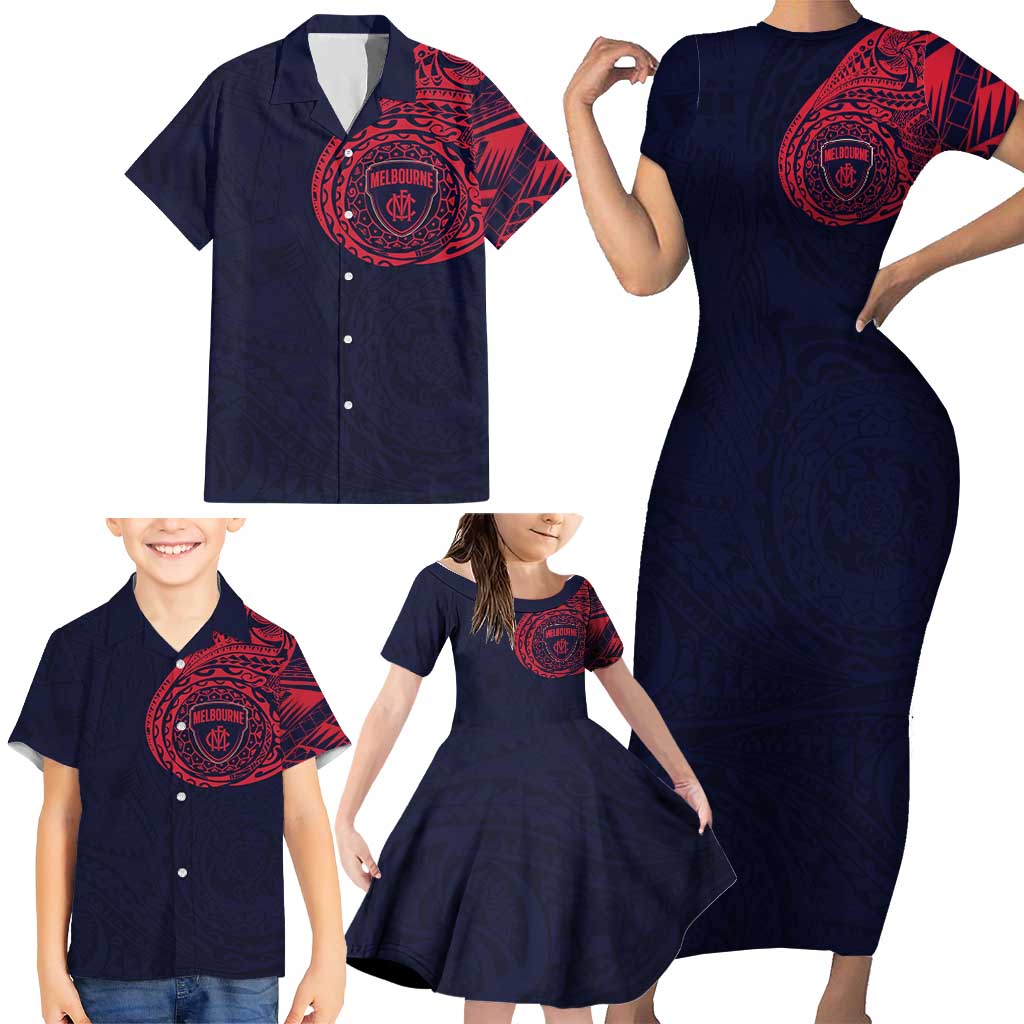 Personalized Melbourne Demons Polynesian Family Matching Short Sleeve Bodycon Dress and Hawaiian Shirt Tribal Chest and Sleeve Tattoo Heritage Warrior