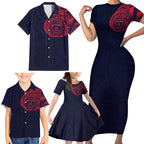 Personalized Melbourne Demons Polynesian Family Matching Short Sleeve Bodycon Dress and Hawaiian Shirt Tribal Chest and Sleeve Tattoo Heritage Warrior