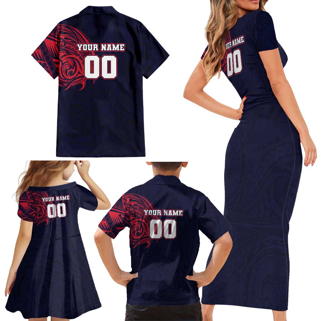 Personalized Melbourne Demons Polynesian Family Matching Short Sleeve Bodycon Dress and Hawaiian Shirt Tribal Chest and Sleeve Tattoo Heritage Warrior
