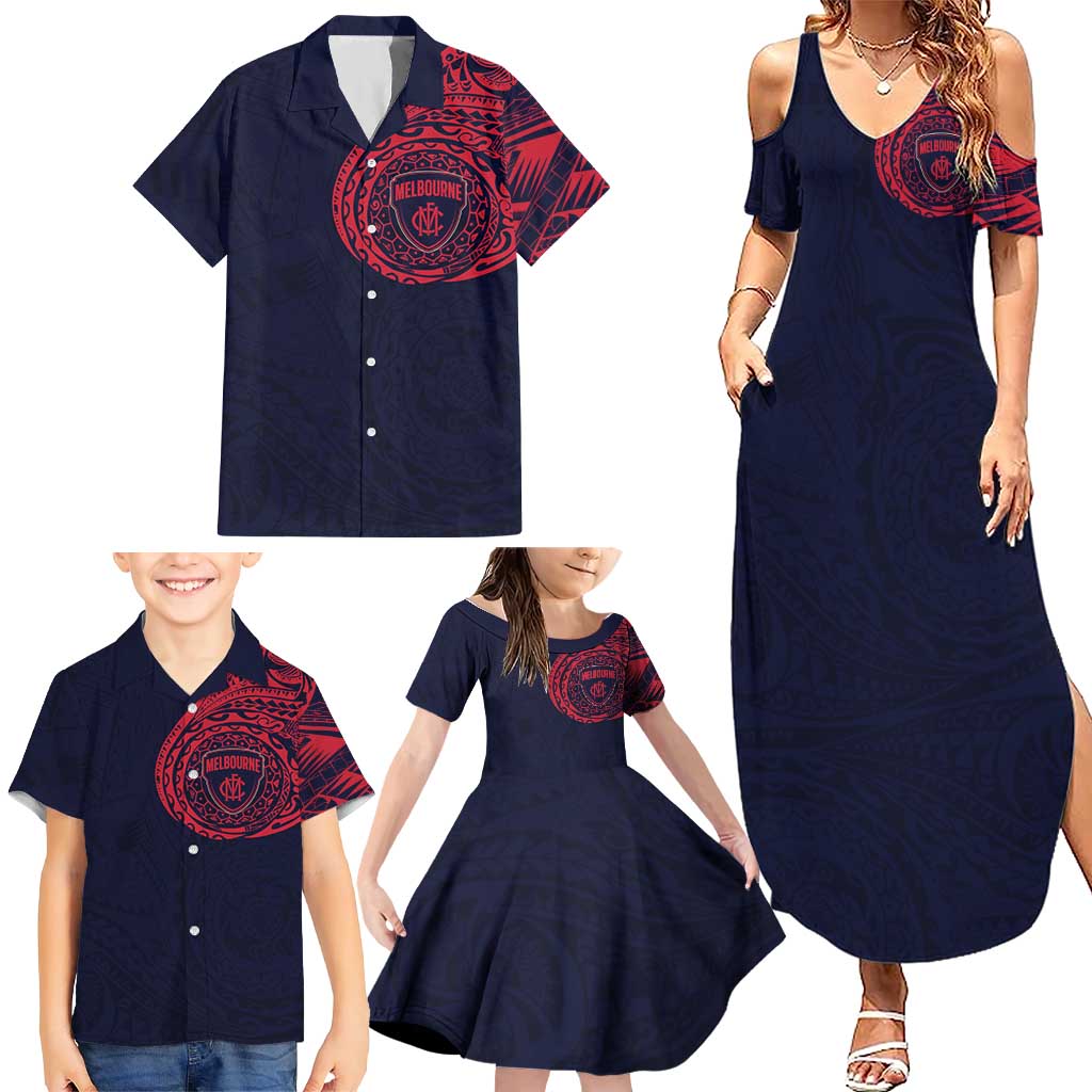 Personalized Melbourne Demons Polynesian Family Matching Summer Maxi Dress and Hawaiian Shirt Tribal Chest and Sleeve Tattoo Heritage Warrior