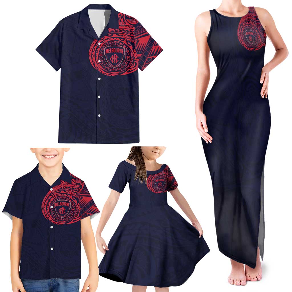 Personalized Melbourne Demons Polynesian Family Matching Tank Maxi Dress and Hawaiian Shirt Tribal Chest and Sleeve Tattoo Heritage Warrior