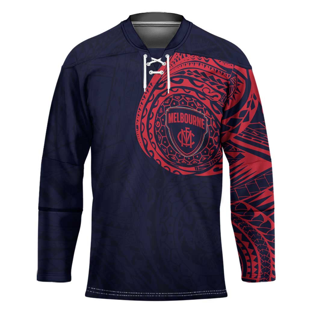Personalized Melbourne Demons Polynesian Hockey Jersey Tribal Chest and Sleeve Tattoo Heritage Warrior