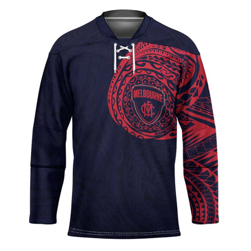 Personalized Melbourne Demons Polynesian Hockey Jersey Tribal Chest and Sleeve Tattoo Heritage Warrior