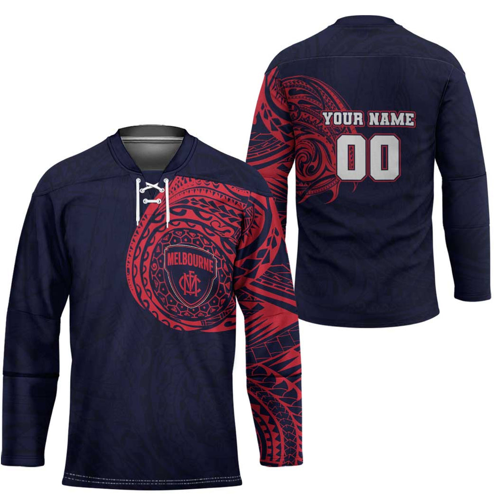 Personalized Melbourne Demons Polynesian Hockey Jersey Tribal Chest and Sleeve Tattoo Heritage Warrior