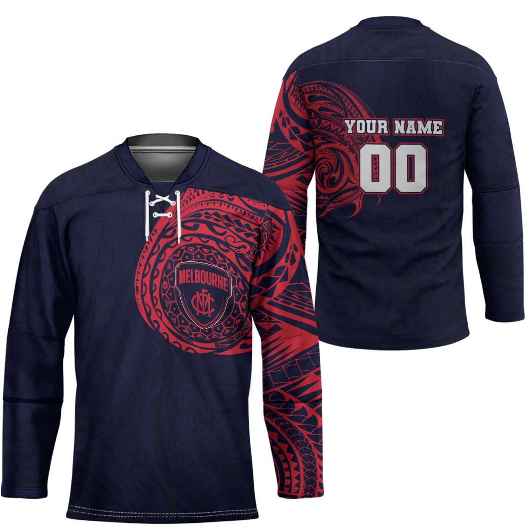 Personalized Melbourne Demons Polynesian Hockey Jersey Tribal Chest and Sleeve Tattoo Heritage Warrior