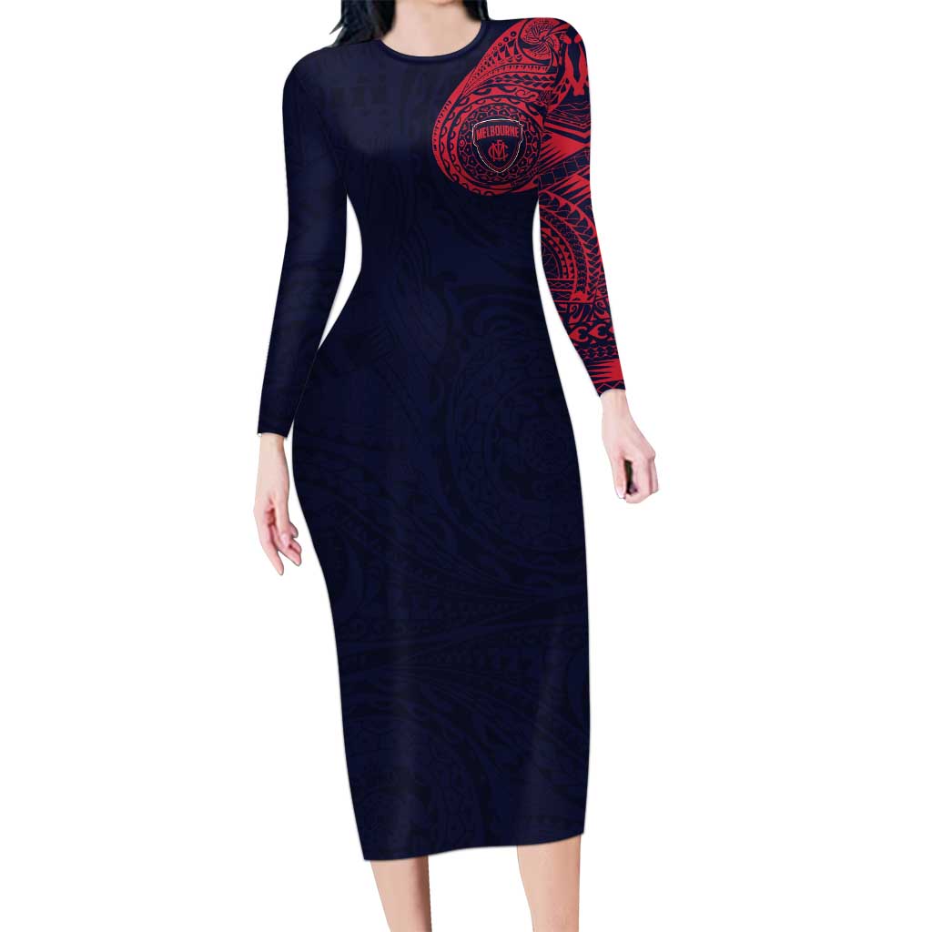 Personalized Melbourne Demons Polynesian Long Sleeve Bodycon Dress Tribal Chest and Sleeve Tattoo Heritage Warrior