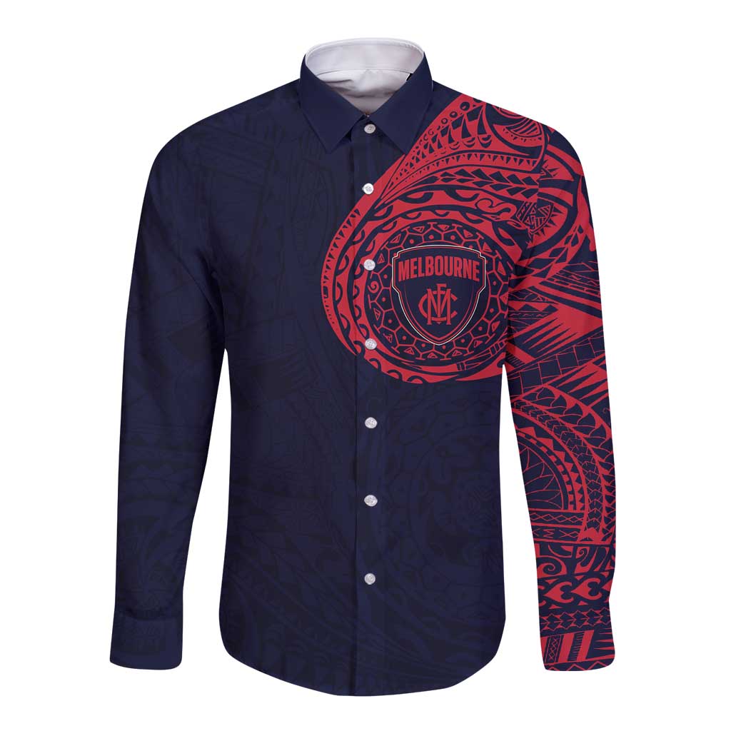 Personalized Melbourne Demons Polynesian Long Sleeve Button Shirt Tribal Chest and Sleeve Tattoo Heritage Warrior