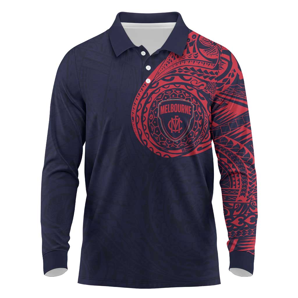 Personalized Melbourne Demons Polynesian Long Sleeve Polo Shirt Tribal Chest and Sleeve Tattoo Heritage Warrior
