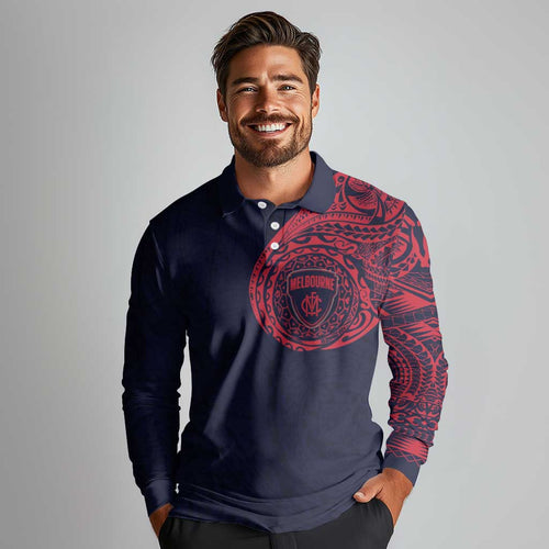 Personalized Melbourne Demons Polynesian Long Sleeve Polo Shirt Tribal Chest and Sleeve Tattoo Heritage Warrior